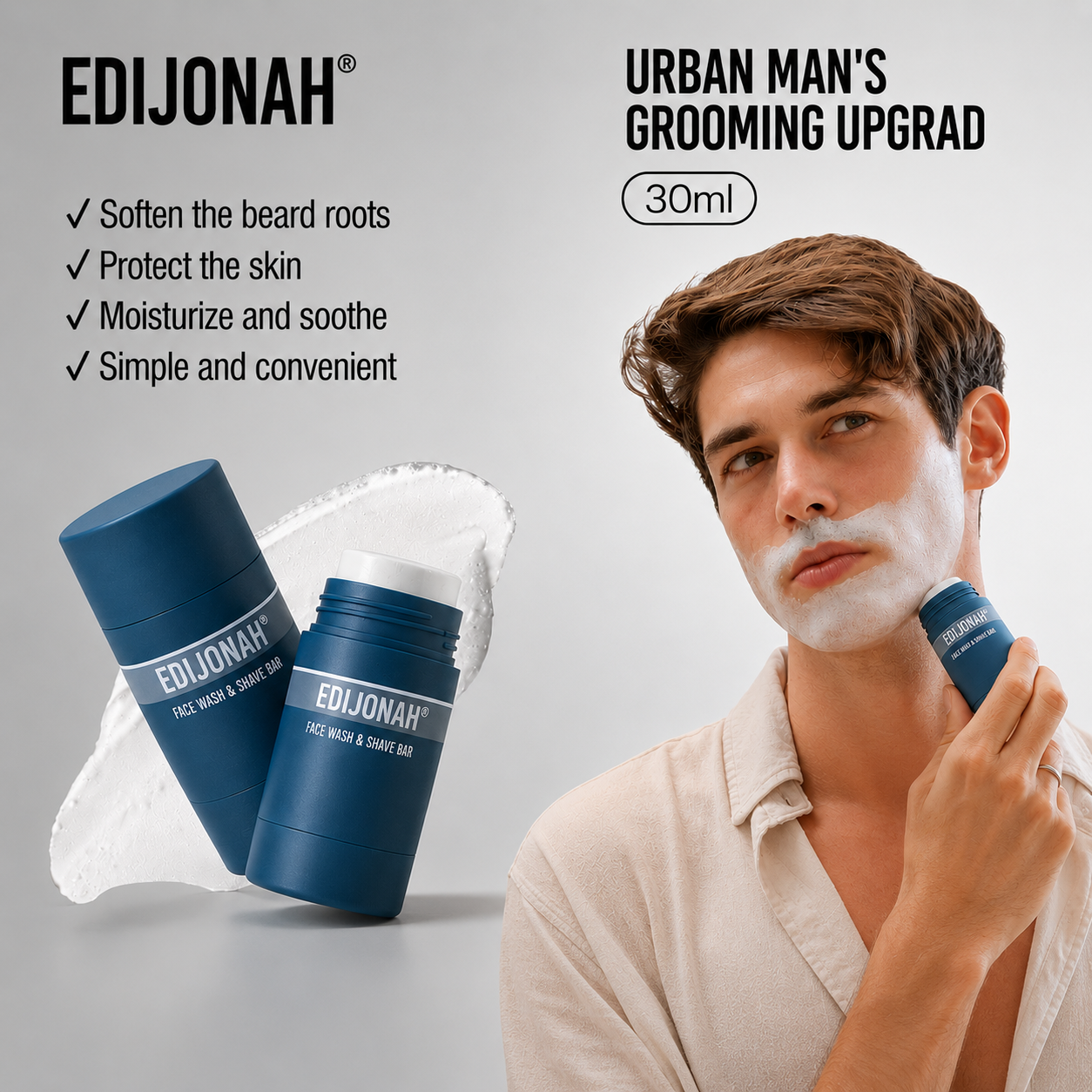 EDIJONAH® 2-in-1 Facial Cleansing shave stick | Softens Beard Roots Protects Skin Moisturizes Soothes Simple Convenient Travel Size Creamy Texture