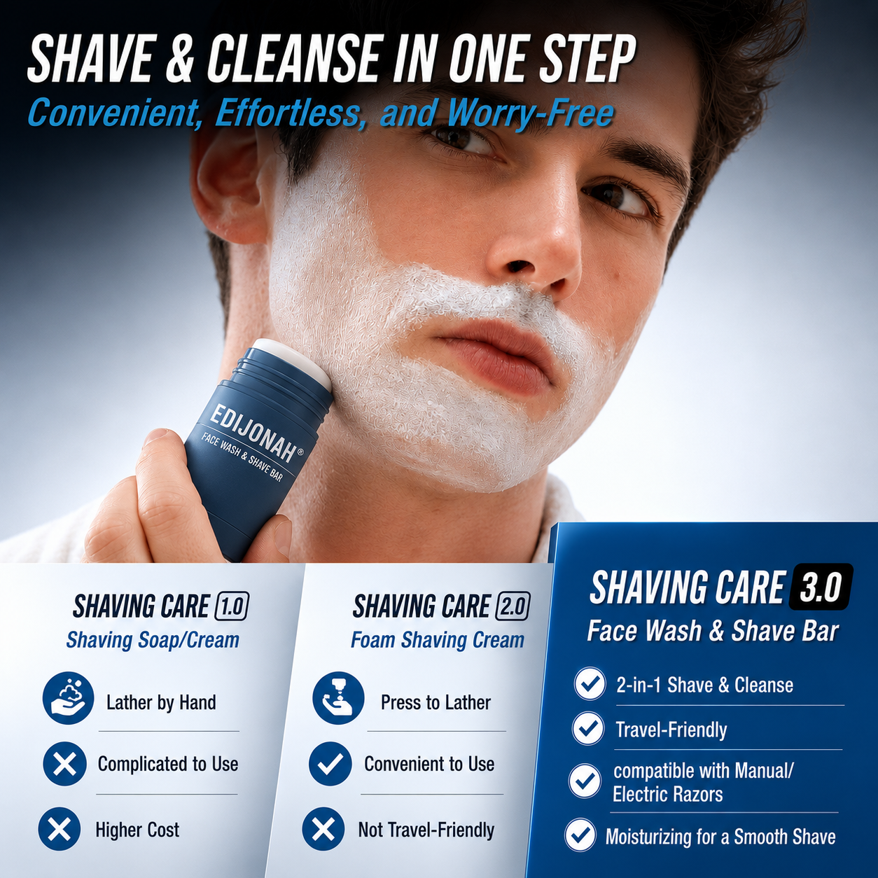 EDIJONAH® 2-in-1 Facial Cleansing shave stick | Softens Beard Roots Protects Skin Moisturizes Soothes Simple Convenient Travel Size Creamy Texture